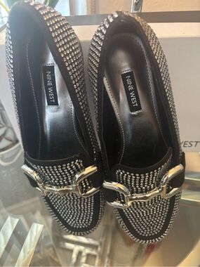 Nine West Black Crystal-Studded Loafers with Silver Hardware